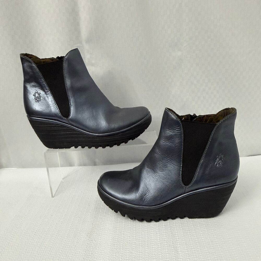Fly London Yoss Boots Womens Size 8 Navy Blue Metallic Leather Wedge Booties 38 - Picture 10 of 12